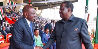 President William Ruto with former Prime Minister Raila Odinga at Nyayo National Stadium