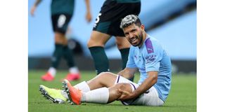 Manchester City striker Aguero reacts