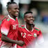 Harambee Stars midfielder Francis Kahata (left) celebrates his goal with teammate Abdallah Hassan