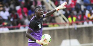Harambee Stars goalkeeper Patrick Matasi gestures 